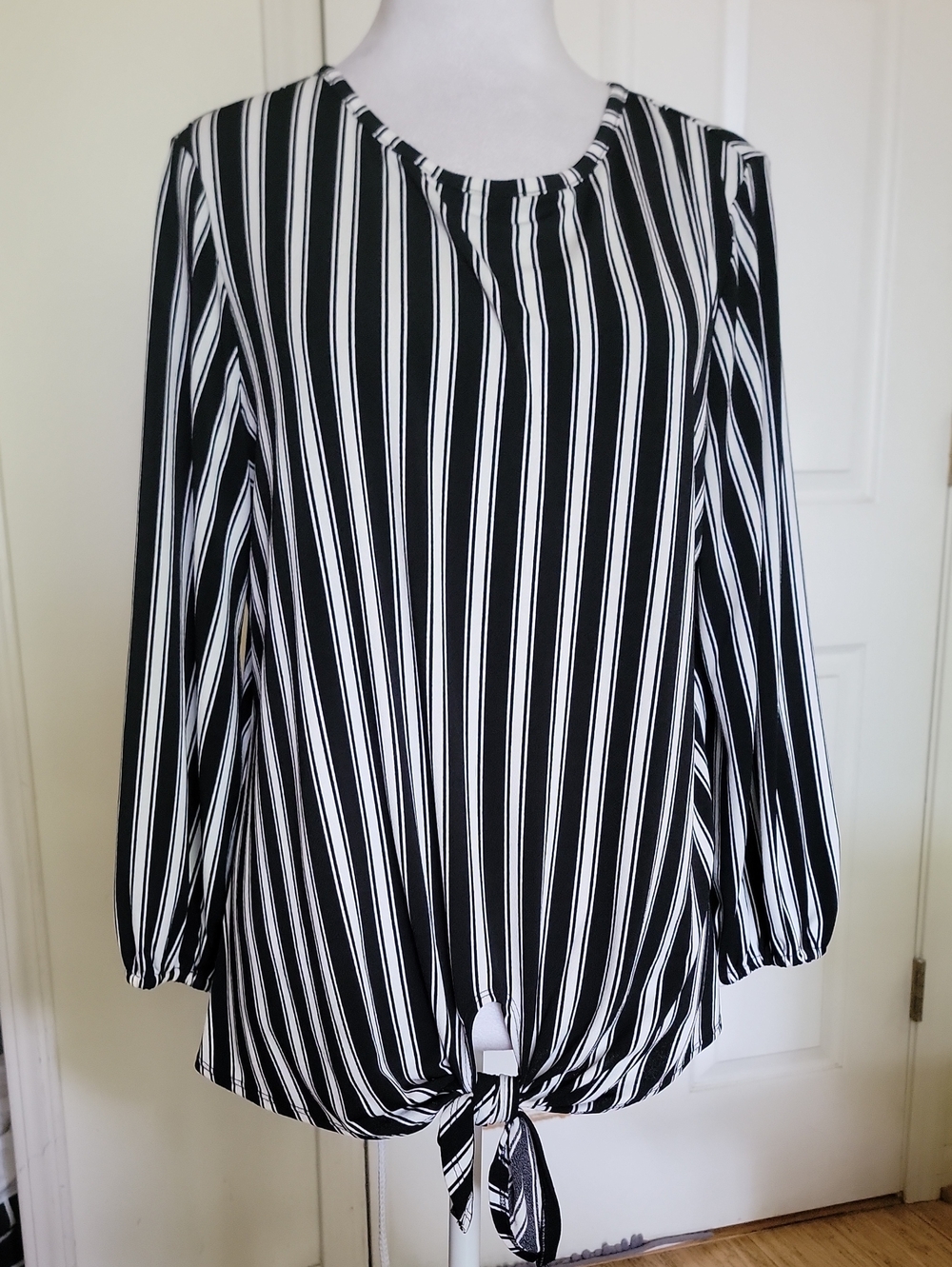 Adrianna Papell Black & White Vertical Stripe Tie-Front Blouse